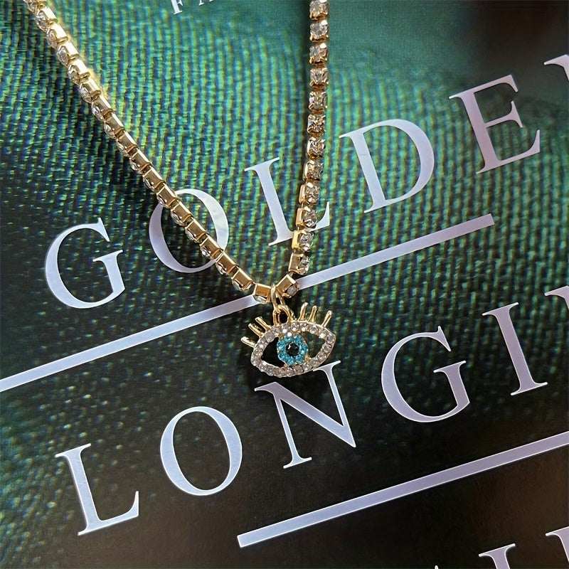 Vintage Evil's Eye Rhinestone Necklace, 18K Plated, Gift