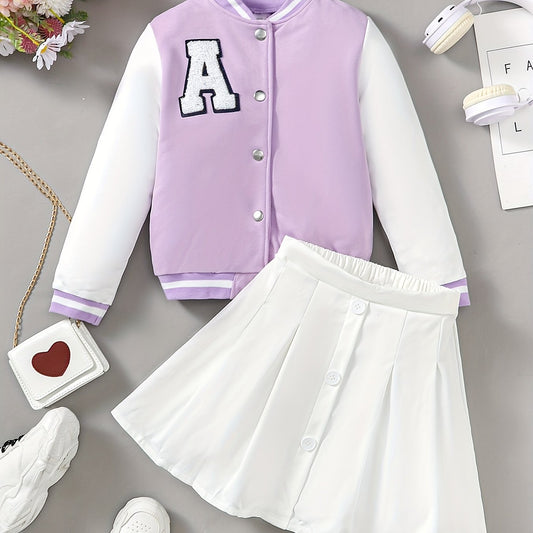 Girls 2pcs Baseball Jacket & Short Skirt Letter A Appliques Decor