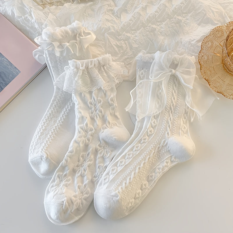 6 Pairs Lace Trim Textured Socks Women's Mid Tube Stockings