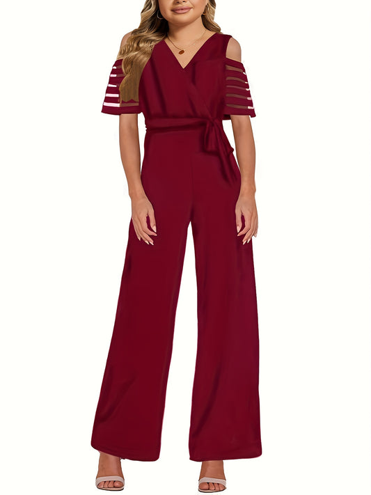 V Neck Off Shoulder Short Sleeve Knitted Jumpsuit