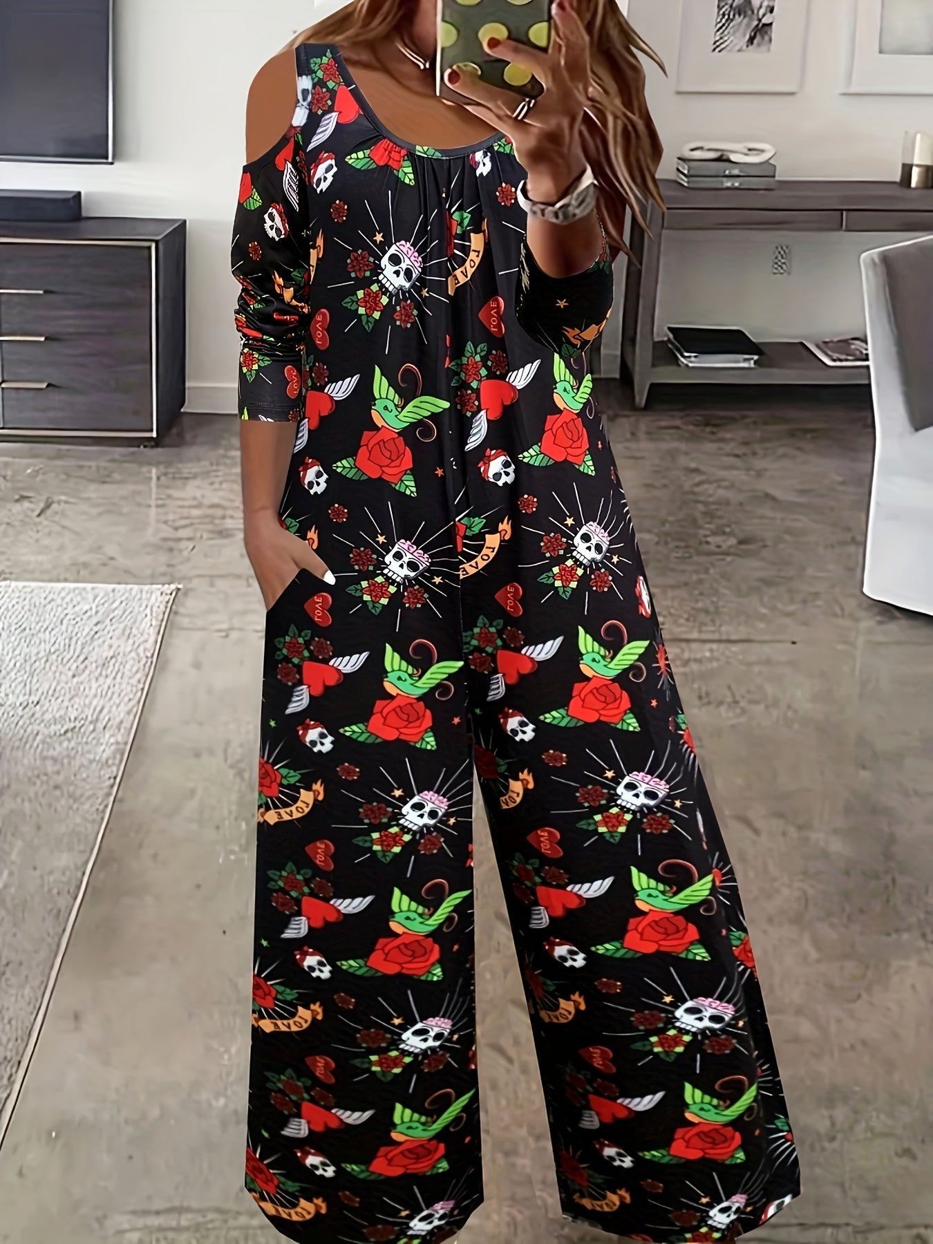  Skull & Floral Print Cold Shoulder Jumpsuit
