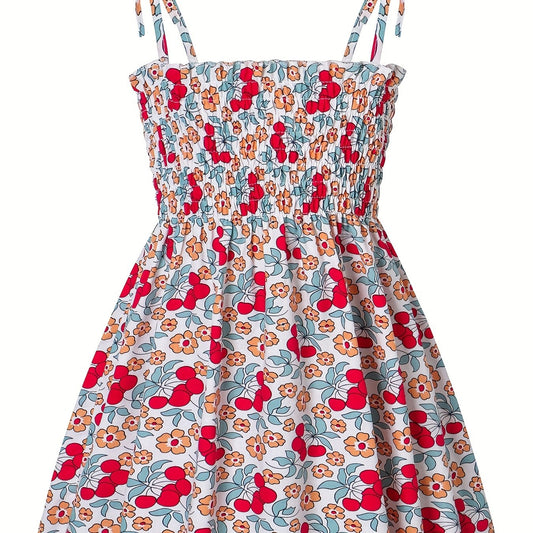 Toddler Girls Cherry & Flowers Frill Trim Shirred Cami Princess Dress