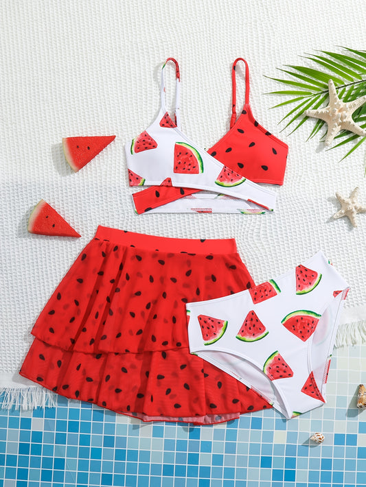 Girl's Watermelon Swimsuit 3pcs Bikini Set & Skirt