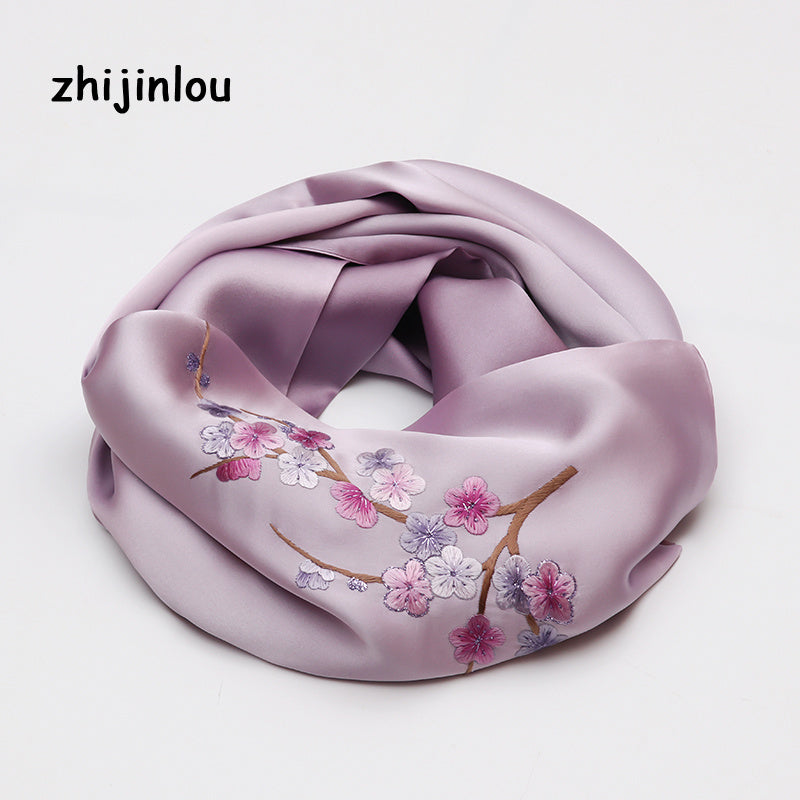 Silk Scarf Peach Branch Embroidery Shawl Sunscreen Windproof Head Wrap