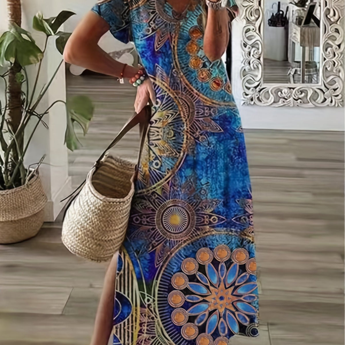  Boho Graphic Print Maxi Dress