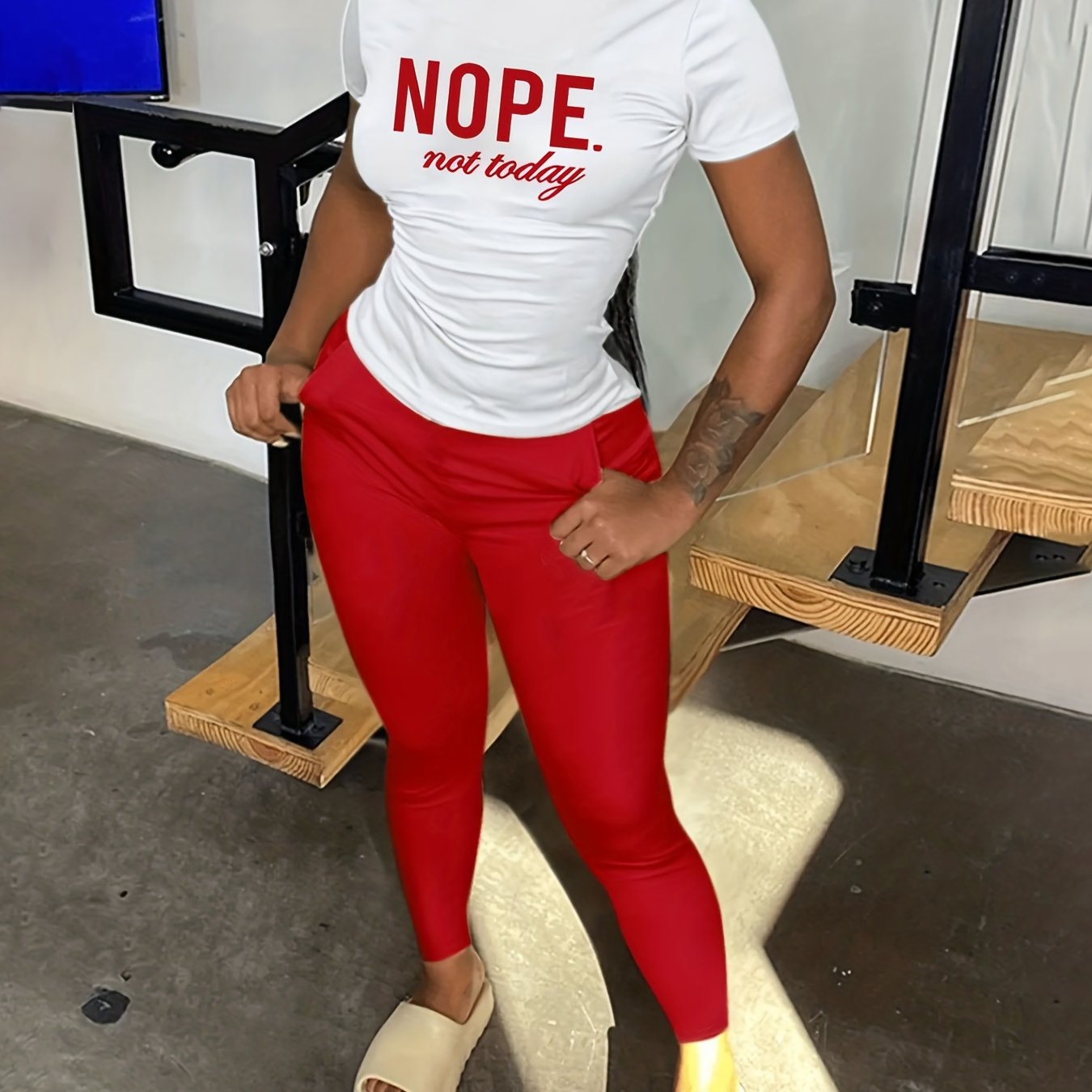 Slogan Print Top & Pocketed Leggings Two Piece Set