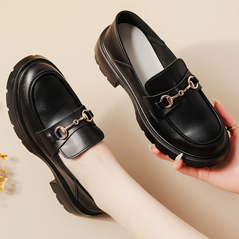 Platform Loafers with Metal Buckle Decor Faux Leather Round Toe Shoes