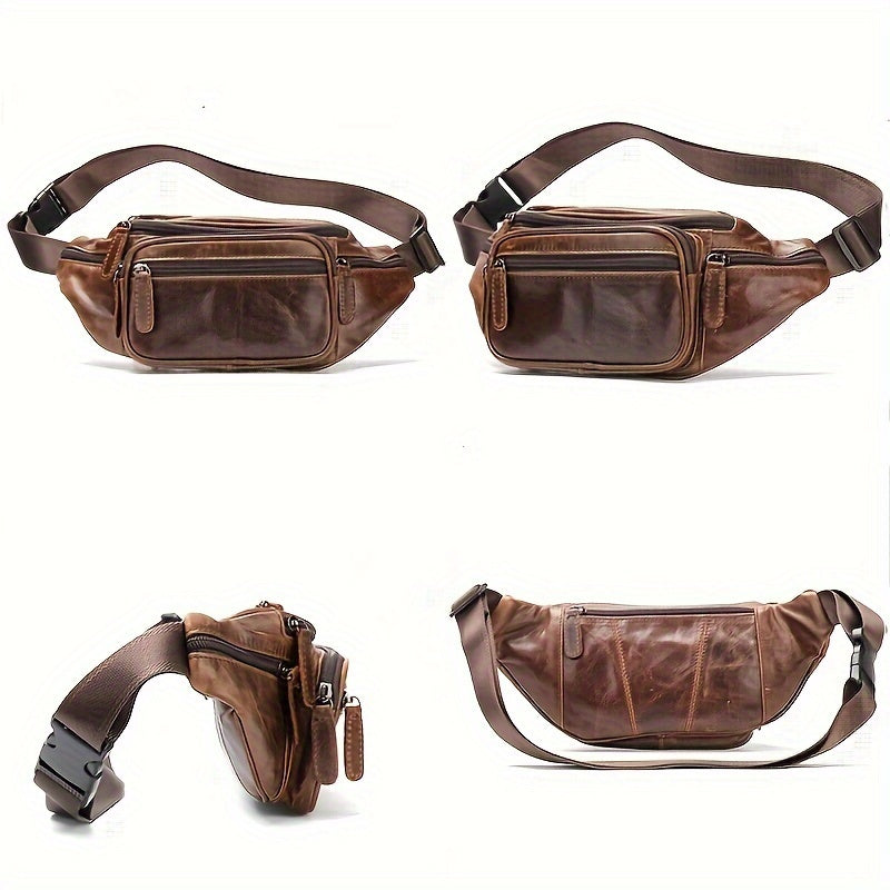 Men's Leather Fanny Pack Top Layer Cowhide Shoulder Bag for Sports Running