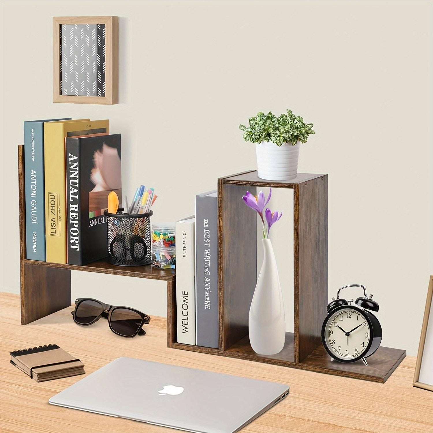 Desktop Bookshelf Office Retractable Storage Bookcase Wooden Storage Rack