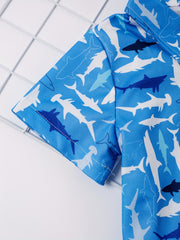 Shark Boys Casual V neck Button Up Shirts For Summer