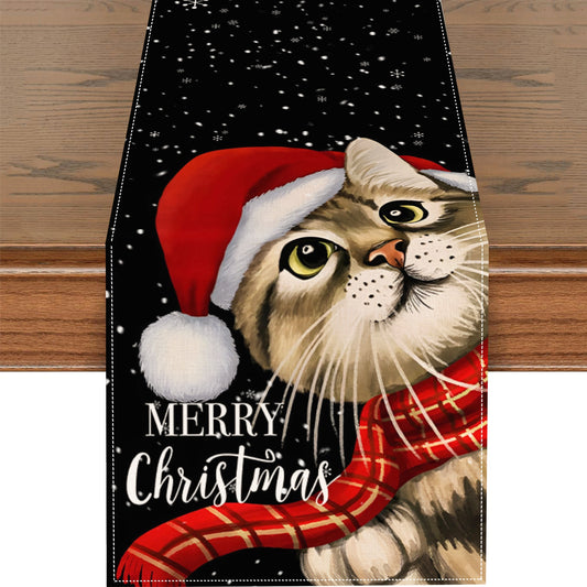 Linen Table Runner Christmas Cat Pattern Table Cover