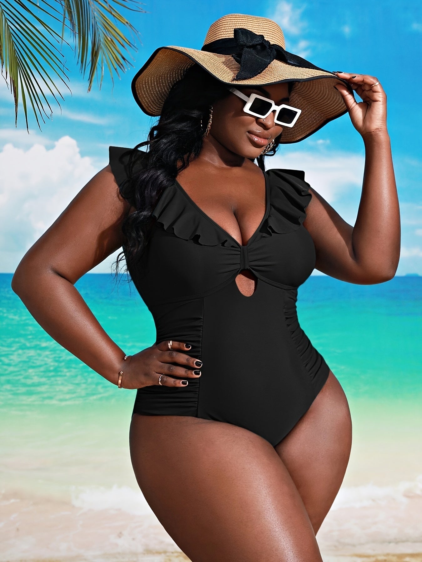  Solid Ruffle Trim One Piece Swimsuit