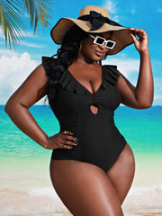  Solid Ruffle Trim One Piece Swimsuit