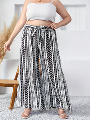  Colorblock Geometric Print Wide Leg Pants With Belt