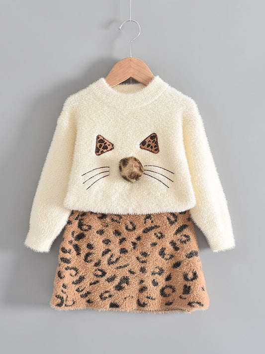 Kids Animal Pattern Sweater and Skirt Set
