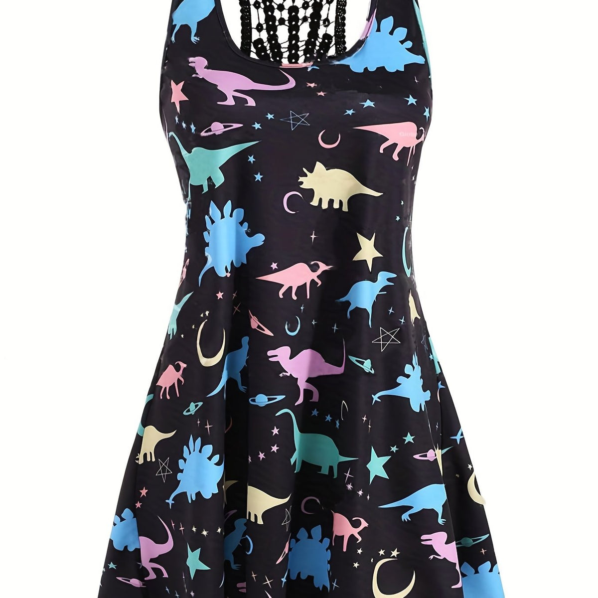 Dinosaur Print Tank Dress with Lace Panel