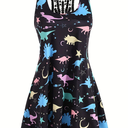  Dinosaur Print Tank Dress with Lace Panel