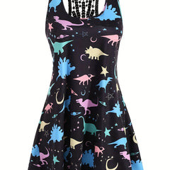  Dinosaur Print Tank Dress with Lace Panel