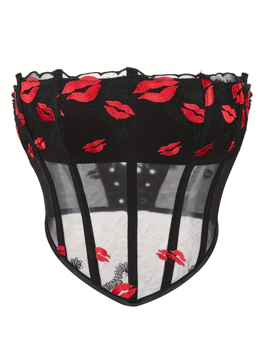Lips Pattern Strapless Corset Mesh Tummy Control Body Shaper