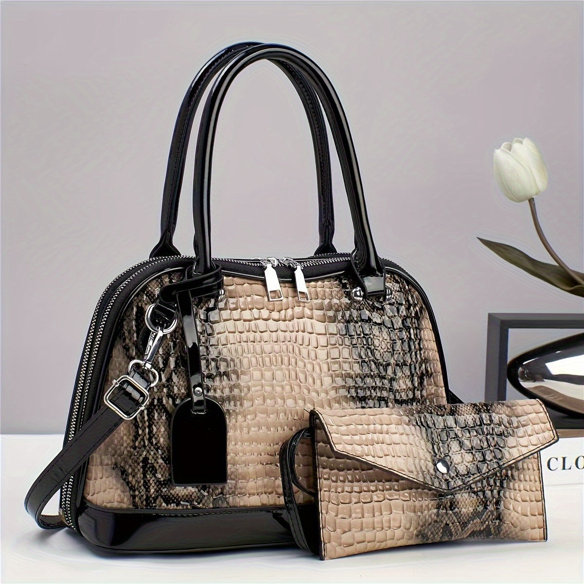 2PCS Snake Pattern Shoulder Handbag Set Women Bag Sets Zipper Closure