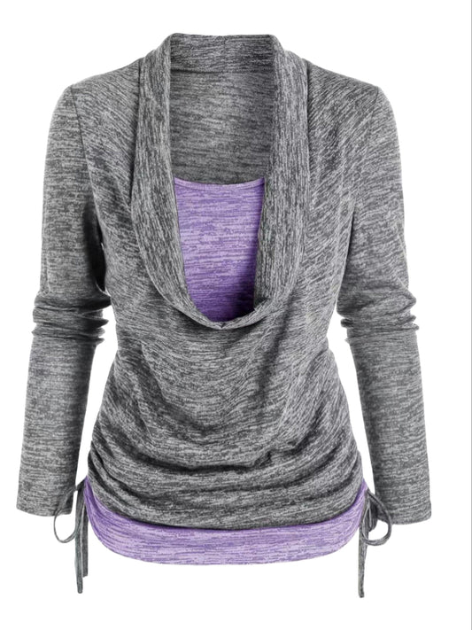  Colorblock Knit Top Cowl Neck Ruched Side 2 in 1 Top