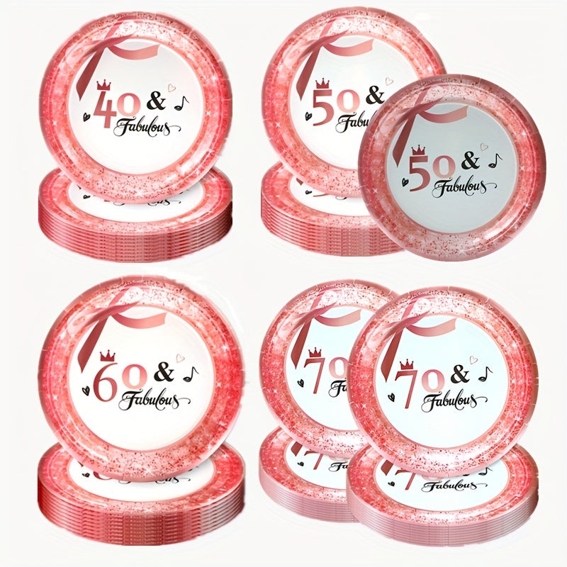 10pcs Rose Golden Plates Pink Women Birthday Dinnerware 40th 50th 60th 70th