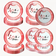 10pcs Rose Golden Plates Pink Women Birthday Dinnerware 40th 50th 60th 70th
