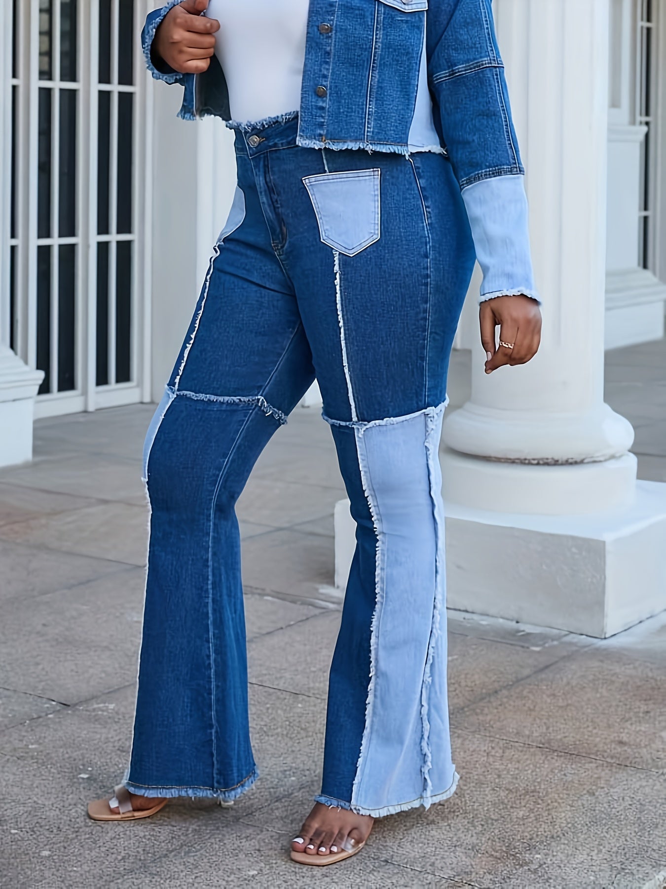  Colorblock Raw Trim Flared Leg Jeans