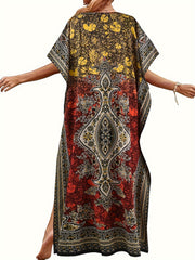  Boho Kaftan Dress Women's Plus Tribal Print Batwing Sleeve V Neck Maxi