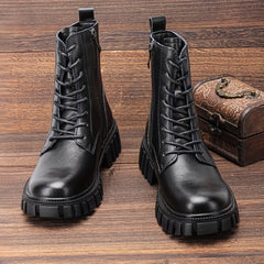 Women's Combat Boots Lace Up Chunky Heel Leather Side Zipper Boots