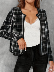 Plaid Print Crew Neck Jacket Open Front Long Sleeve Outerwear