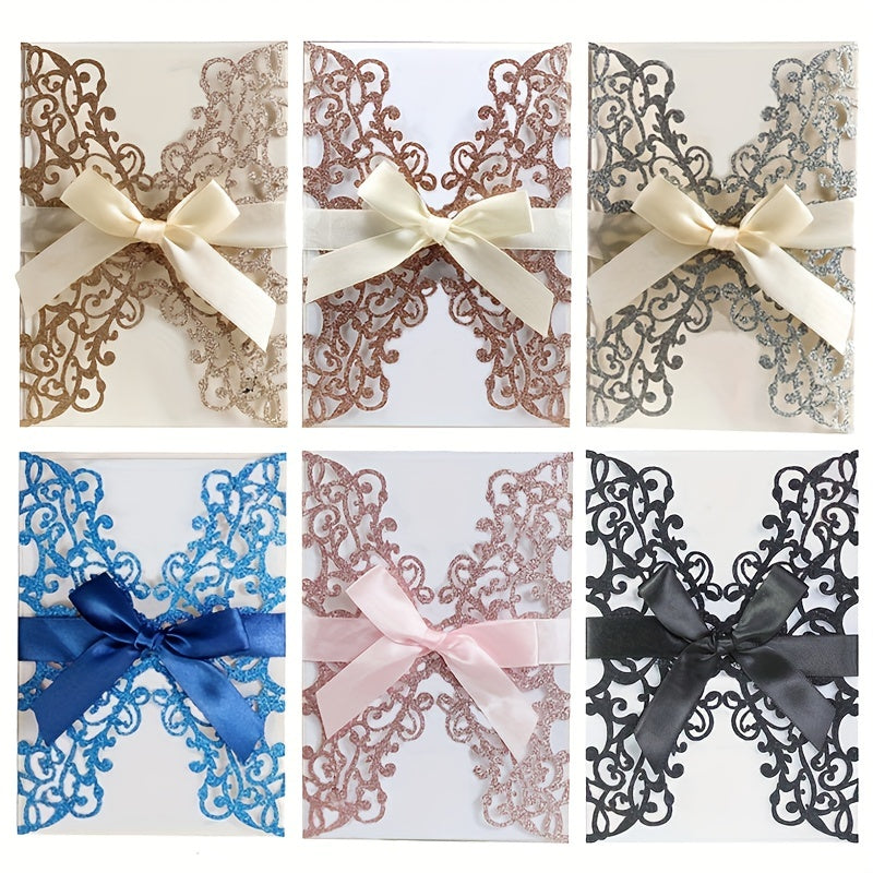 10pcs Glitter Paper Laser Cut Wedding Invitation Card Customize Card With Ribbon