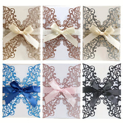 10pcs Glitter Paper Laser Cut Wedding Invitation Card Customize Card With Ribbon