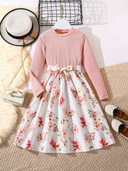 Girls Long Sleeves Flowers Splicing Belted Dress For Party Kids Spring Clothes