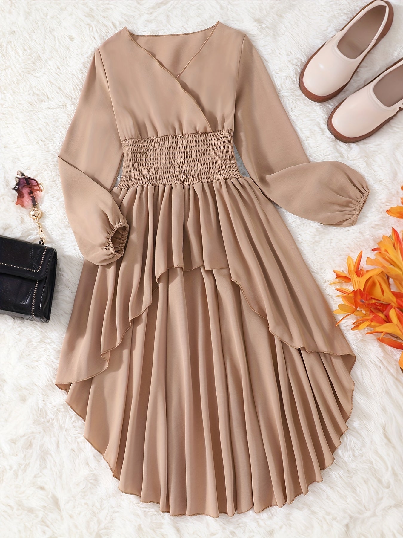 Girls V-neck High Low Long Sleeve Blouse Longline Peplum Top