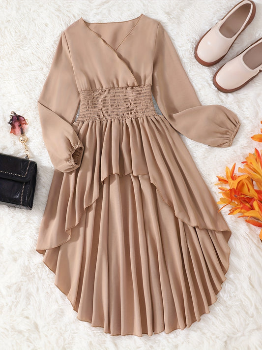 Girls V-neck High Low Long Sleeve Blouse Longline Peplum Top