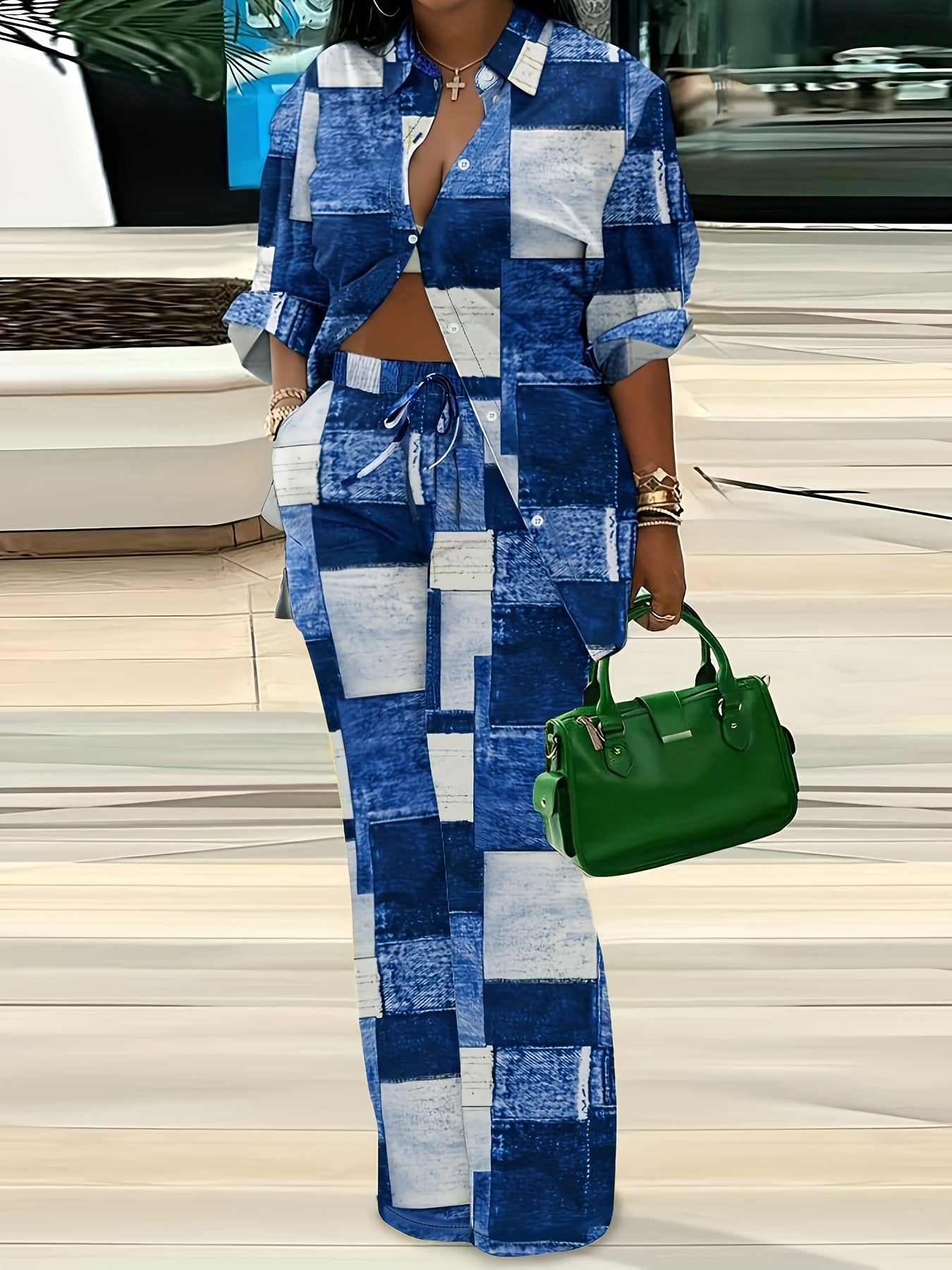  Colorblock Denim Print Shirt & Pants Set