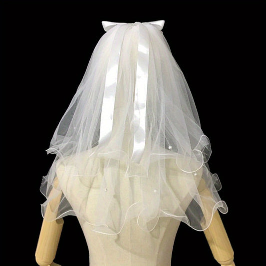 Double Layer Veil With Comb White Ribbon Bridal Hair Accessories