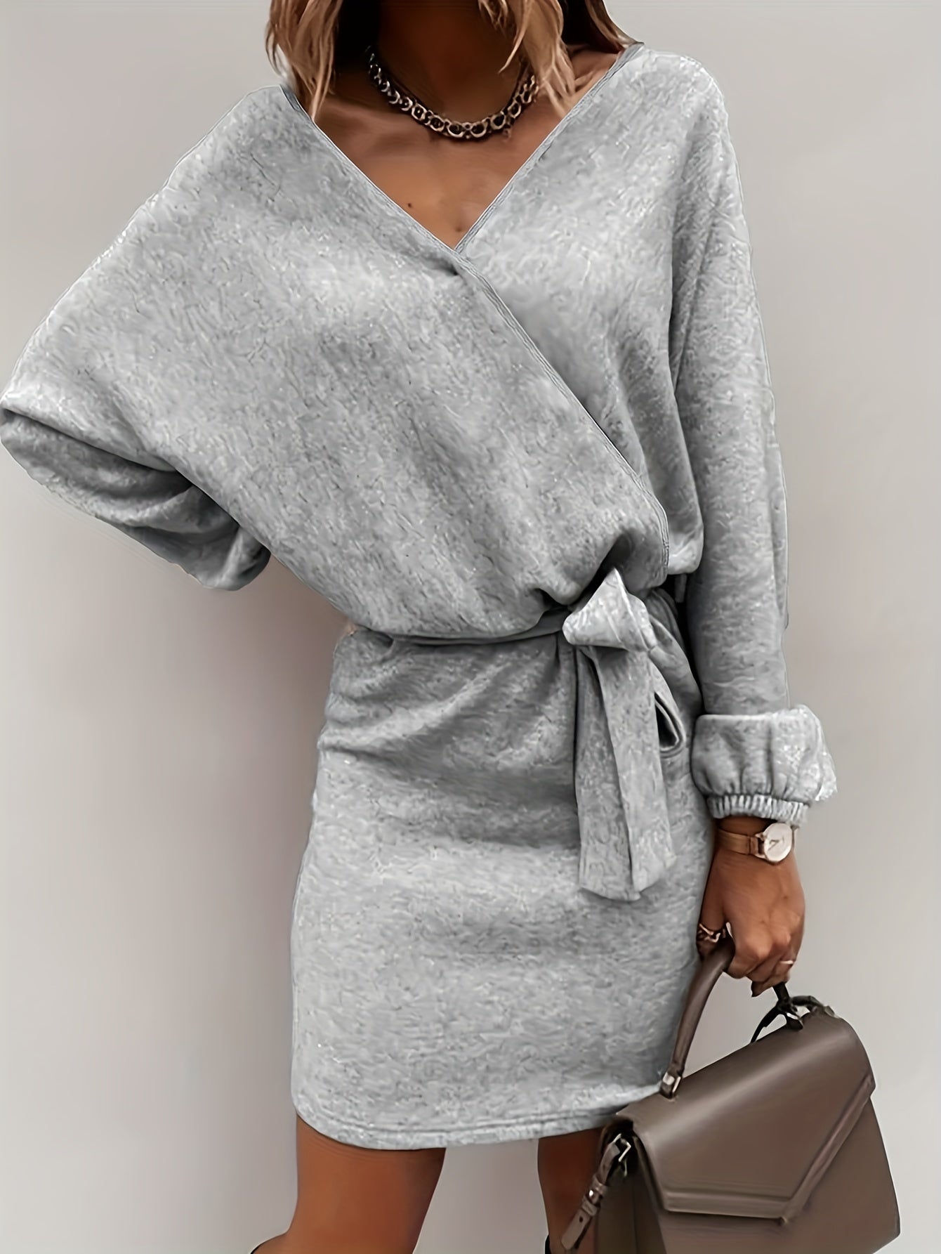  Solid Lantern Sleeve Mini Belted Dress
