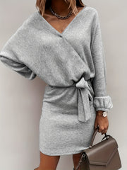  Solid Lantern Sleeve Mini Belted Dress