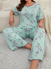  Pajamas Set Floral Print Contrast Trim Round Neck Tee & Pants