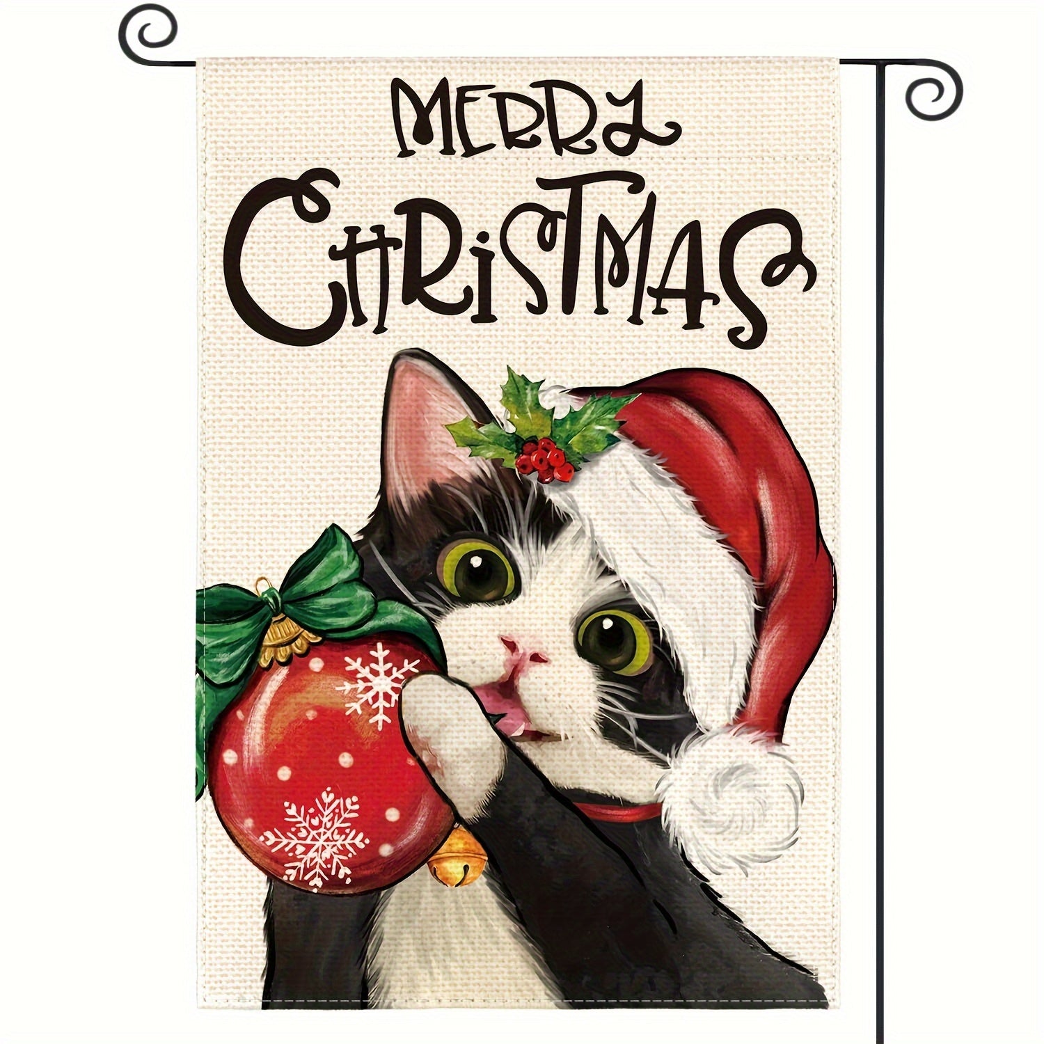 Tuxedo Cat Merry Christmas Garden Flag Double Sided Festive Holiday Yard Decor