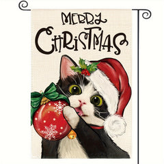 Tuxedo Cat Merry Christmas Garden Flag Double Sided Festive Holiday Yard Decor
