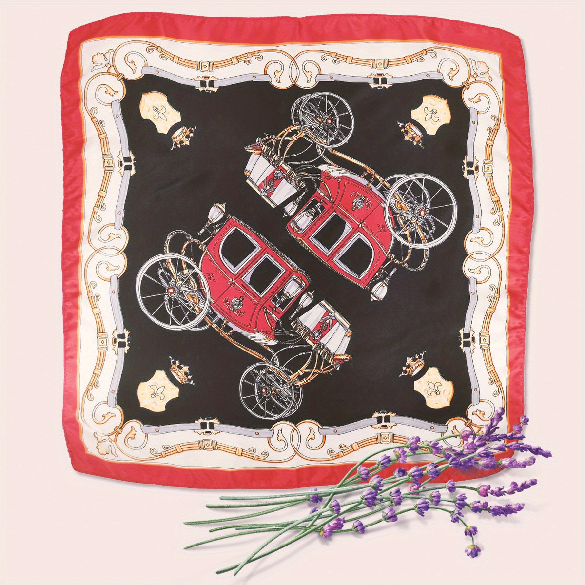 Vintage Carriage Print Bandana Shawl Satin Scarf Neckerchief Head Wrap