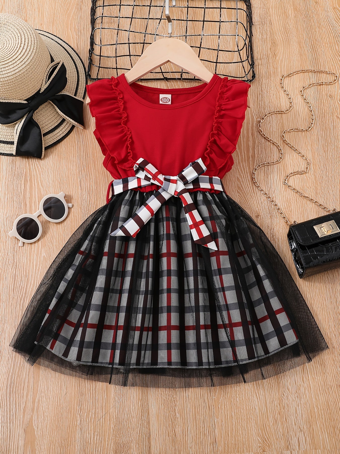 Girls Ruffle Sleeve Plaid Print Princess Dress With Belt