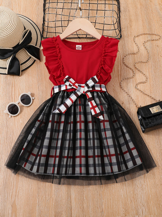 Girls Ruffle Sleeve Plaid Print Princess Dress With Belt