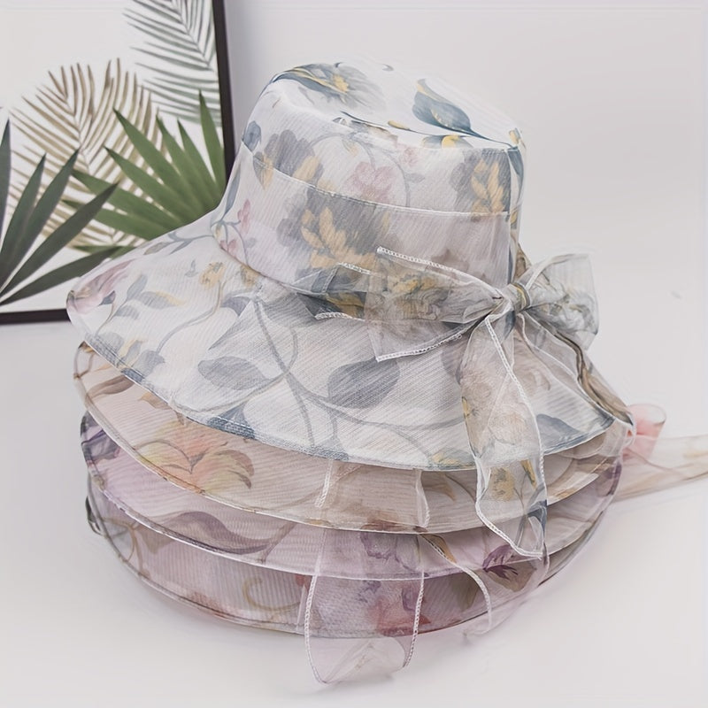 Flower Print Sun Hat Ribbon Bowknot Casual Bucket Hats