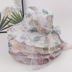 Flower Print Sun Hat Ribbon Bowknot Casual Bucket Hats