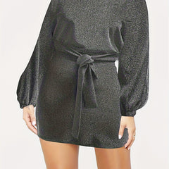  Shinny Lantern Sleeve Round Neck Mini Dress With Belt