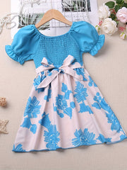 Girl's Puff Sleeve Shirred Floral Midi Dress with Belt